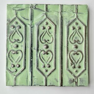 Authentic Vintage Tin Ceiling Tile with Wooden Frame, Green